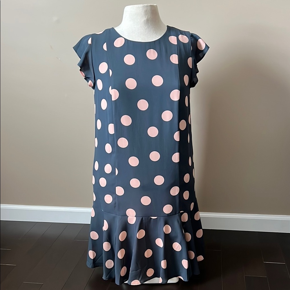 NWOT LOFT cute navy dress with pink polka dots